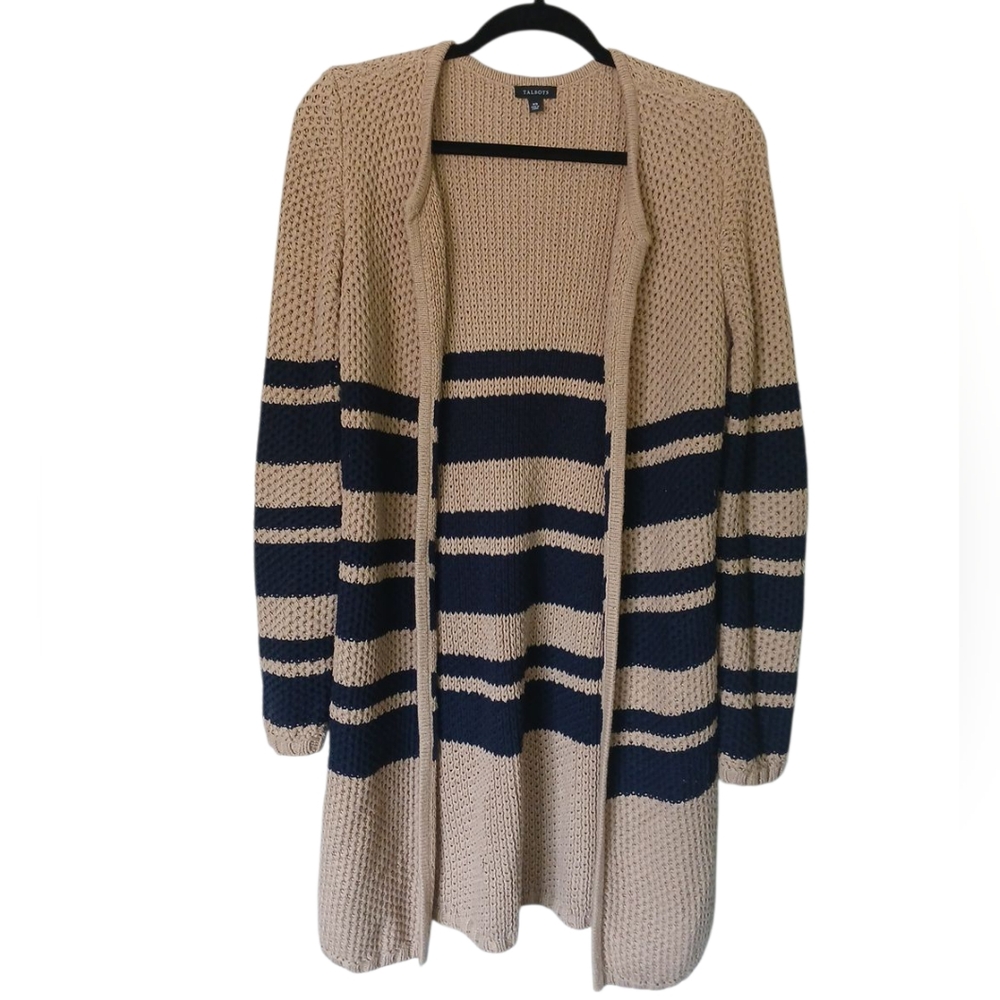 Talbots Long Chunky Knit Open Cardigan Sweater With Navy Stripes Extra Small